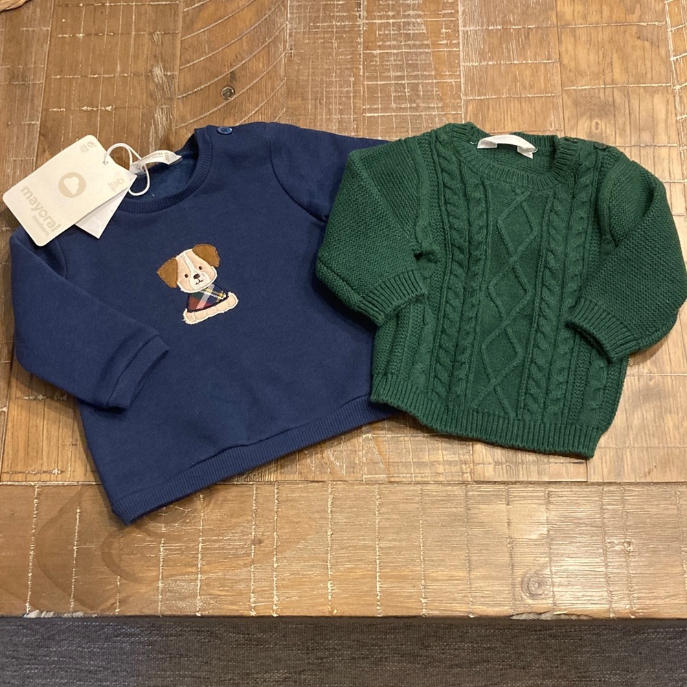 Navy Dog Sweatshirt and Green Cable Knit Sweater Mayoral Newborn New